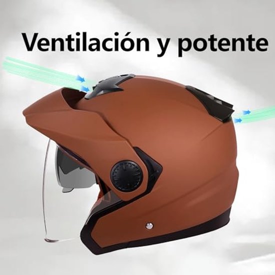 Bruine helm met blauwe ventilatiestromen die de luchtinlaat en -uitlaat aangeven.