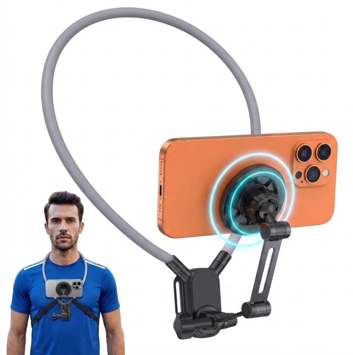 Fokelyi Neck Mount 360º Combo - Magnetische Snelsluiting Nekhouder & Nekbevestiging - Zachte Silicone En Stevig ABS - Voor GoPro & Smartphone - Draagbare Nekstatief En Anti-Vibratie