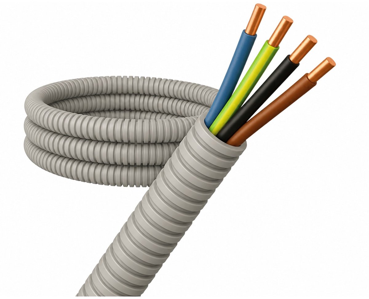 Profile Voorbedrade Flexibele Buis 16 Mm 50 M - Grijs - Inbouwleiding met Vd Draad 3x2,5 + 1x1,5 Mm Voor Binnen