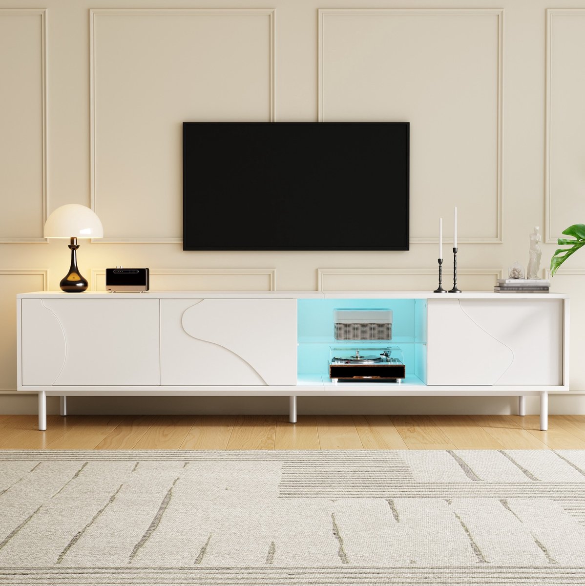 FloraGrace Tv Meubel - Wit Met Drie Schuifdeuren En Led Verlichting - Voor Woonkamer En Tv Hoek - Mdf En Glas - 180x40x45 Cm