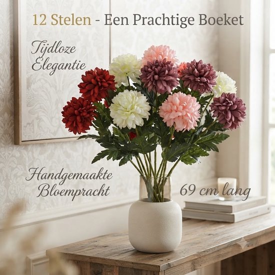 Luxe Kunstbloemen Boeket – 12 Stelen – 69 cm Lang – Handgemaakte Bloempracht – Sfeervolle Zijden Bloemen voor in de Vaas