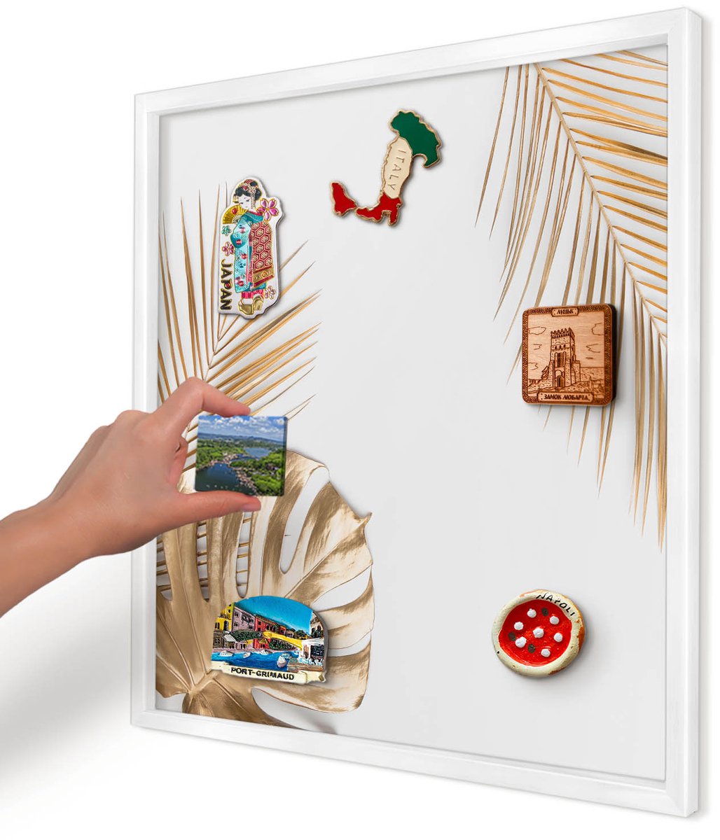 Artprintcave Wit Magneetbord mit Witte Lijst - 50x50 cm - Elegante Bladeren Notitiebord - Minimalist Magneetbord Voor Keuken - Bloemen En Planten
