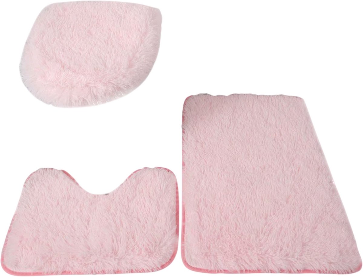 3 Delige Badkamer Mat Set – Antislip Badmatten met Toiletmat, WC Deksel Hoes, Zachte Pluizige Badkamerkleed en Badkamer Tapijt - Roze