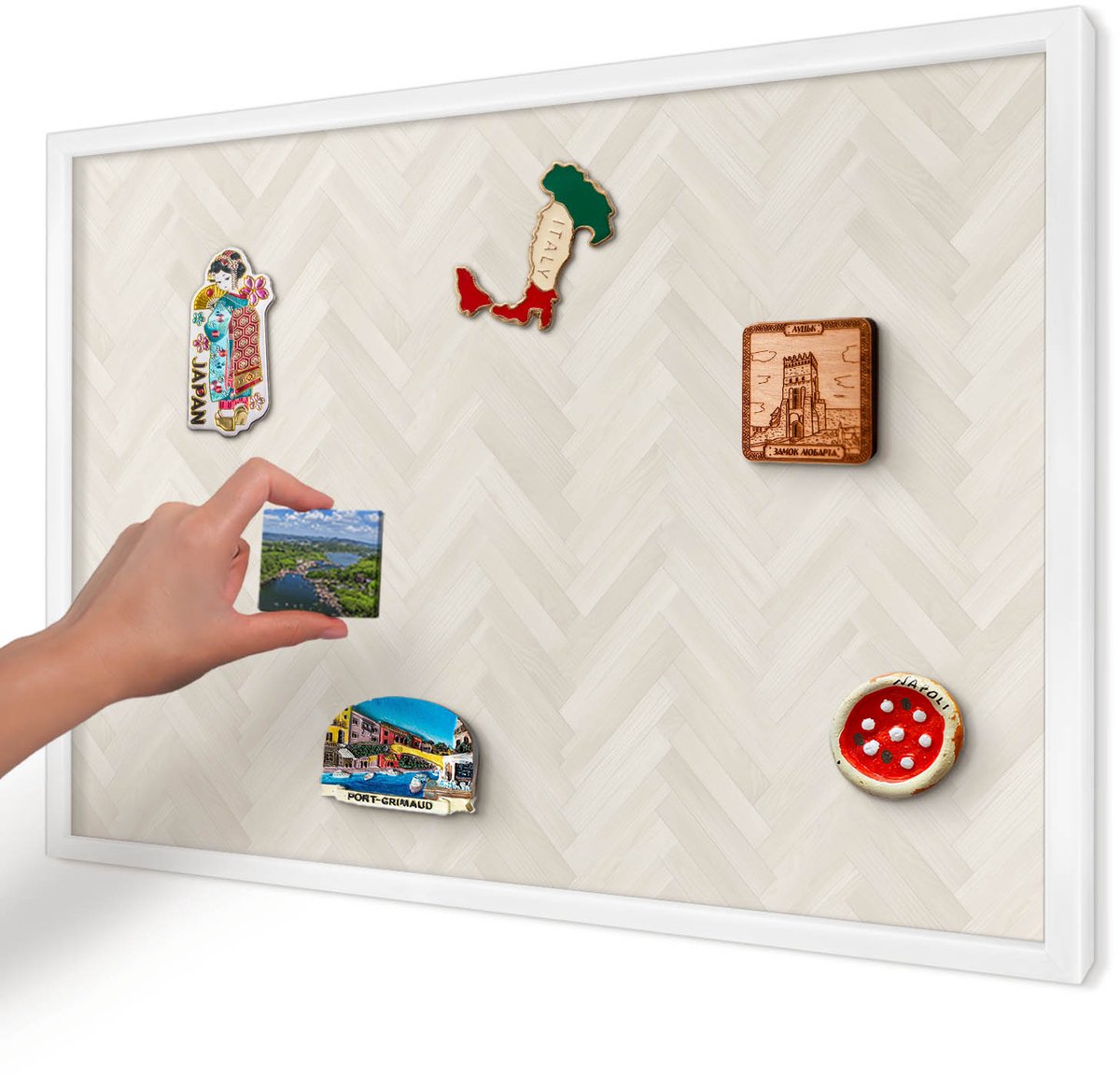 Artprintcave Romig Magneetbord mit Witte Lijst - 60x40 cm - Subtiele Visgraat Magneet Bord mit Frame - Minimalist Magneetbord Voor Foto's - Texturen