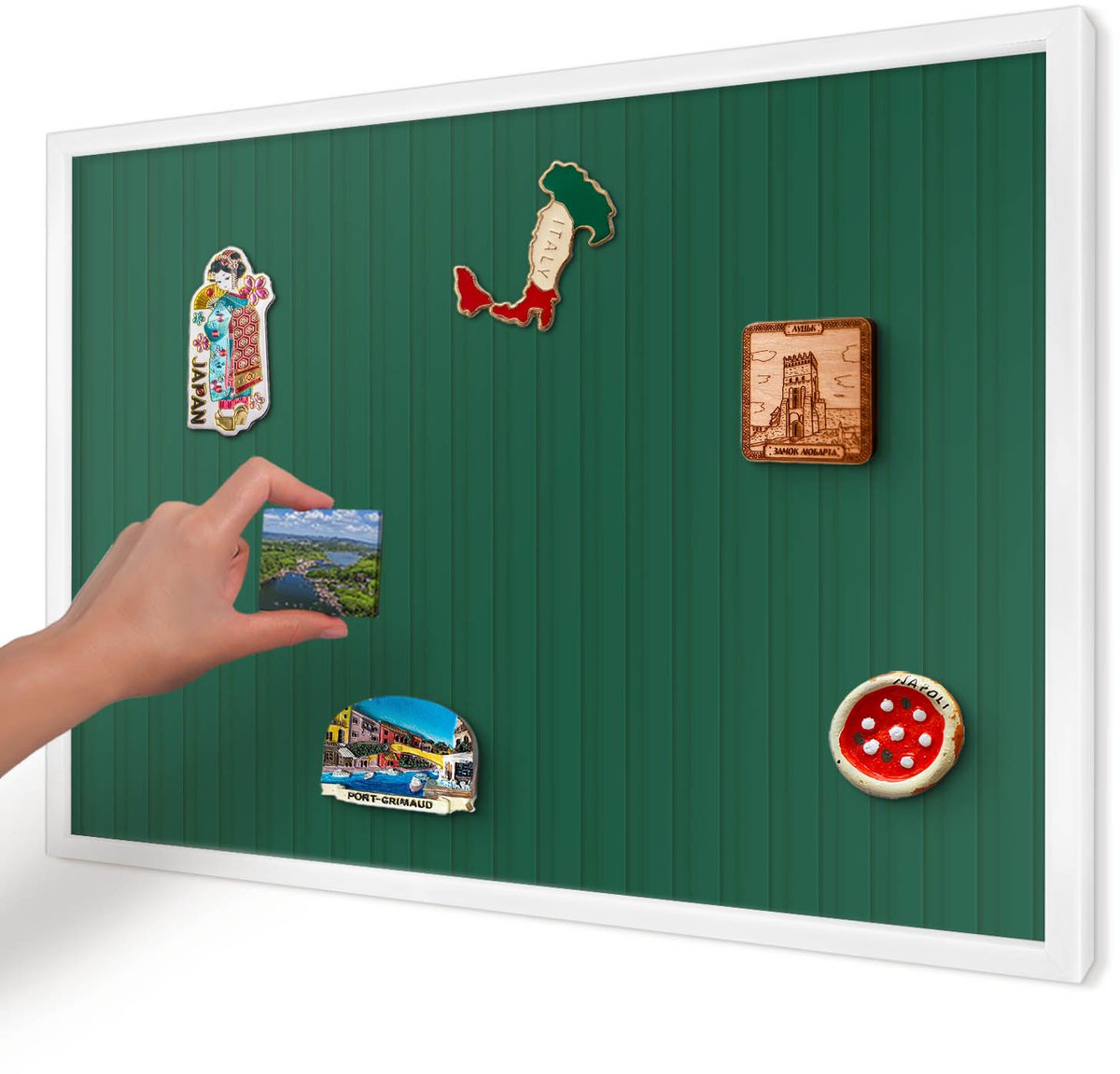 Artprintcave Groente Magneetbord mit Witte Lijst - 60x40 cm - Groene Strepen Magnetisch Bord - Minimalist Memobord Keuken - Achtergronden En Patronen