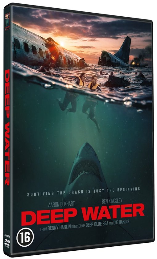 DVD-hoes van "DEEP WATER": Twee mensen in reddingsvesten zwemmen, haai en gecrasht vliegtuig op de achtergrond.
