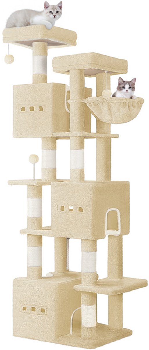 Hzuaneri Grote Krabpaal, 193 cm Hoog, XXL-Krabpaal Met 7 Krabpalen, 3 Lighuisjes, 2 Plateaus, 2 Pluche Balletjes, Mand, Klimtouw, Krabpaal Met Meerdere Niveaus, Beige