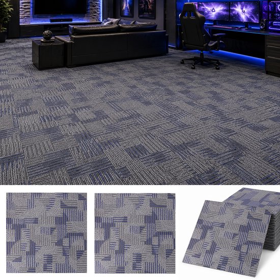 Grote kamer met blauw/grijze vloertegels. Drie close-ups van de blauw/grijze vloertegels en een stapel tegels.