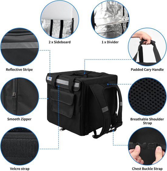 Geïsoleerde Bezorgtas - Afhaaltas Warm - Voedsel Transport - Uitneembare Verdeler - 68 Liter Capaciteit - Zwart — afbeelding 5
