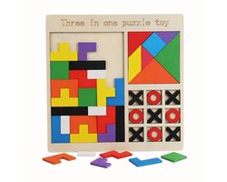 Flero 3 in 1 Montessori Houten Puzzelset - Tangram, Tetris Stijl Vormblokken en Tic Tac Toe XOXO Boter Kaas en Eieren Spel - Kinderspeelgoed - Fijne Motoriek, Logisch Denken en Leren Cadeau - Educatief Montessori Speelgoed, Houten Speelgoed, Reisspel