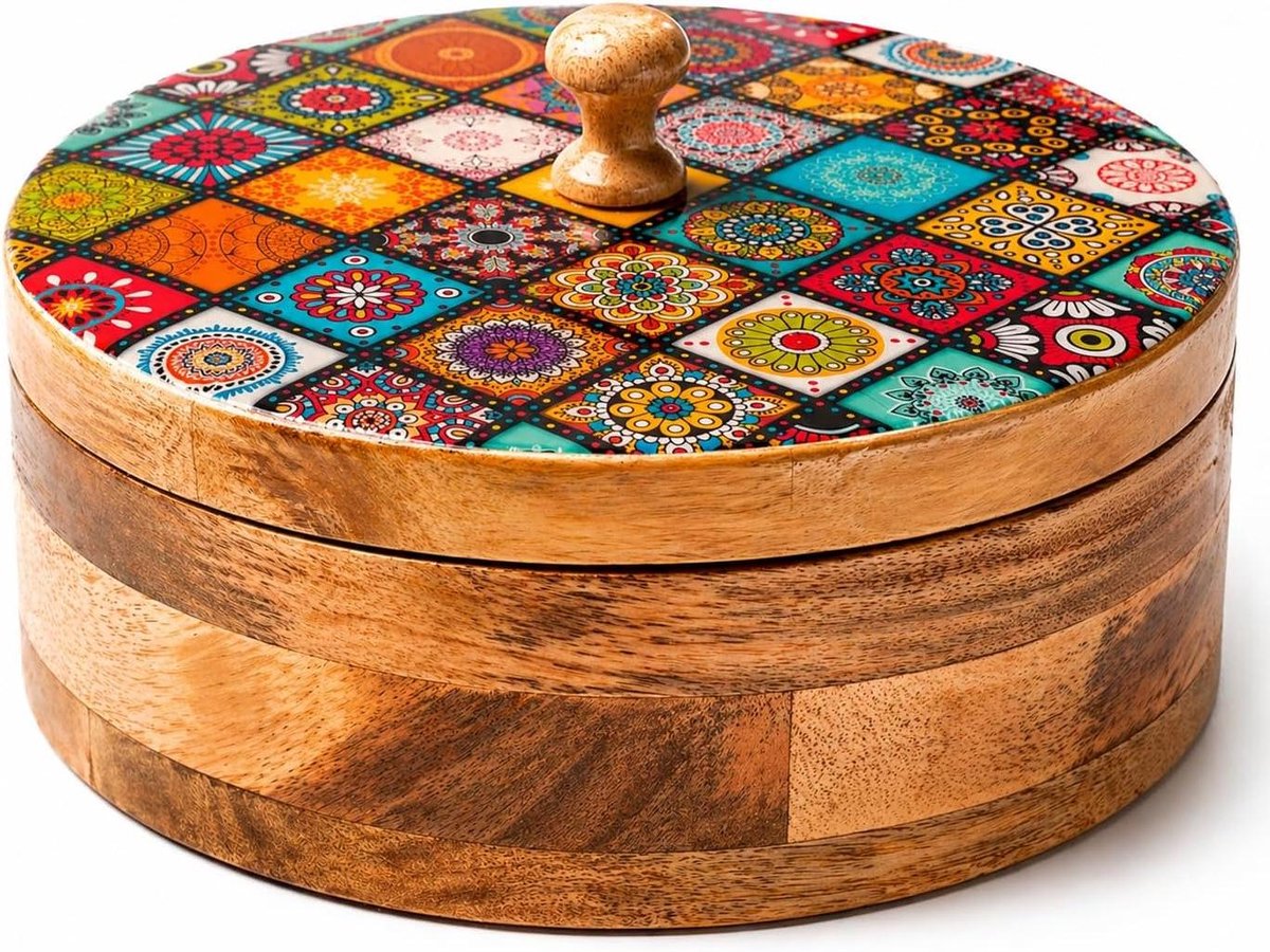 Chapati Houder - Roti Kom Deksel - Brood Warm Houden - Handgemaakt Houten Ontwerp - 23x7 cm - Antiek