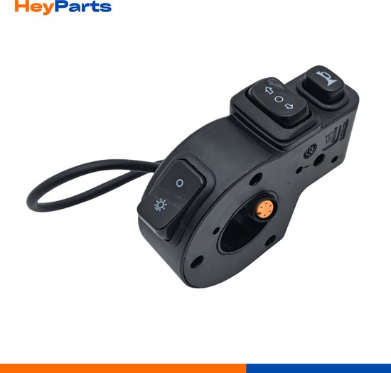 Zwarte stuurmodule met aan/uit schakelaar, richtingaanwijzers en claxonsymbool. Met oranje connector.