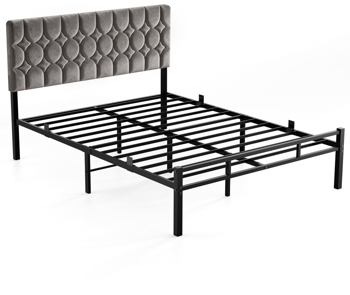 KUTAS 2 Persoons Bed 160 x 200 cm - Gestoffeerd Metalen Bedframe met Verstelbaar Hoofdbord, 32 cm Opbergruimte en Lattenbodem - Grijs