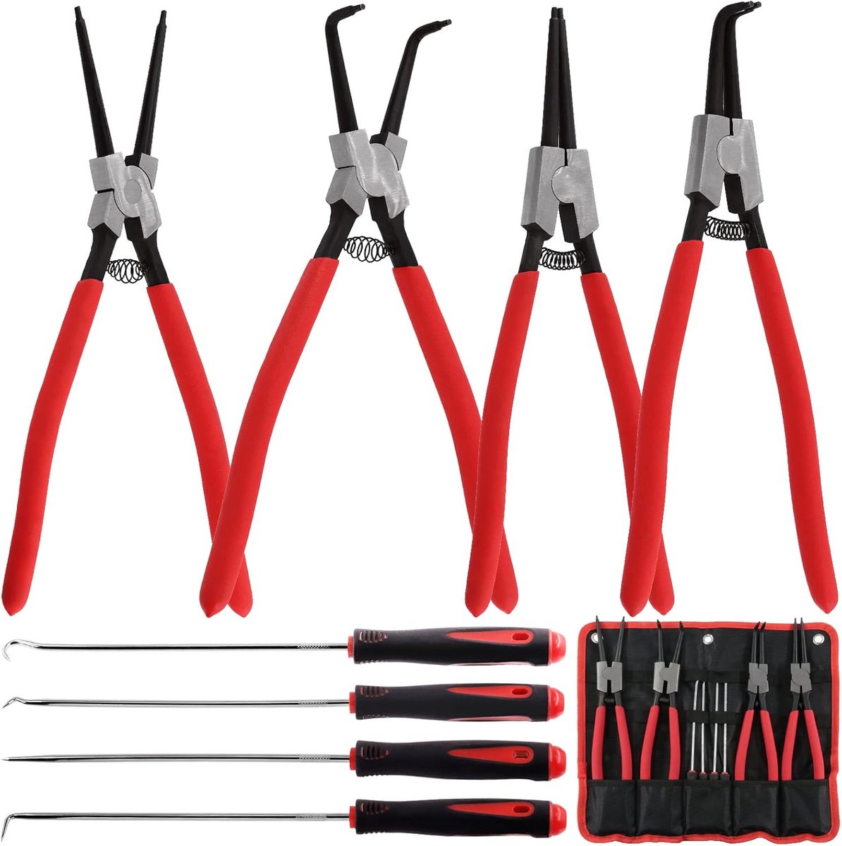 8 stuks 13 inch interne externe Snap Ring Tang Set en Precisie Haken met Opbergtas, Heavy Duty Circlip Tang Kit met Recht/Gebogen Kaak voor het Verwijderen van Ring Slang