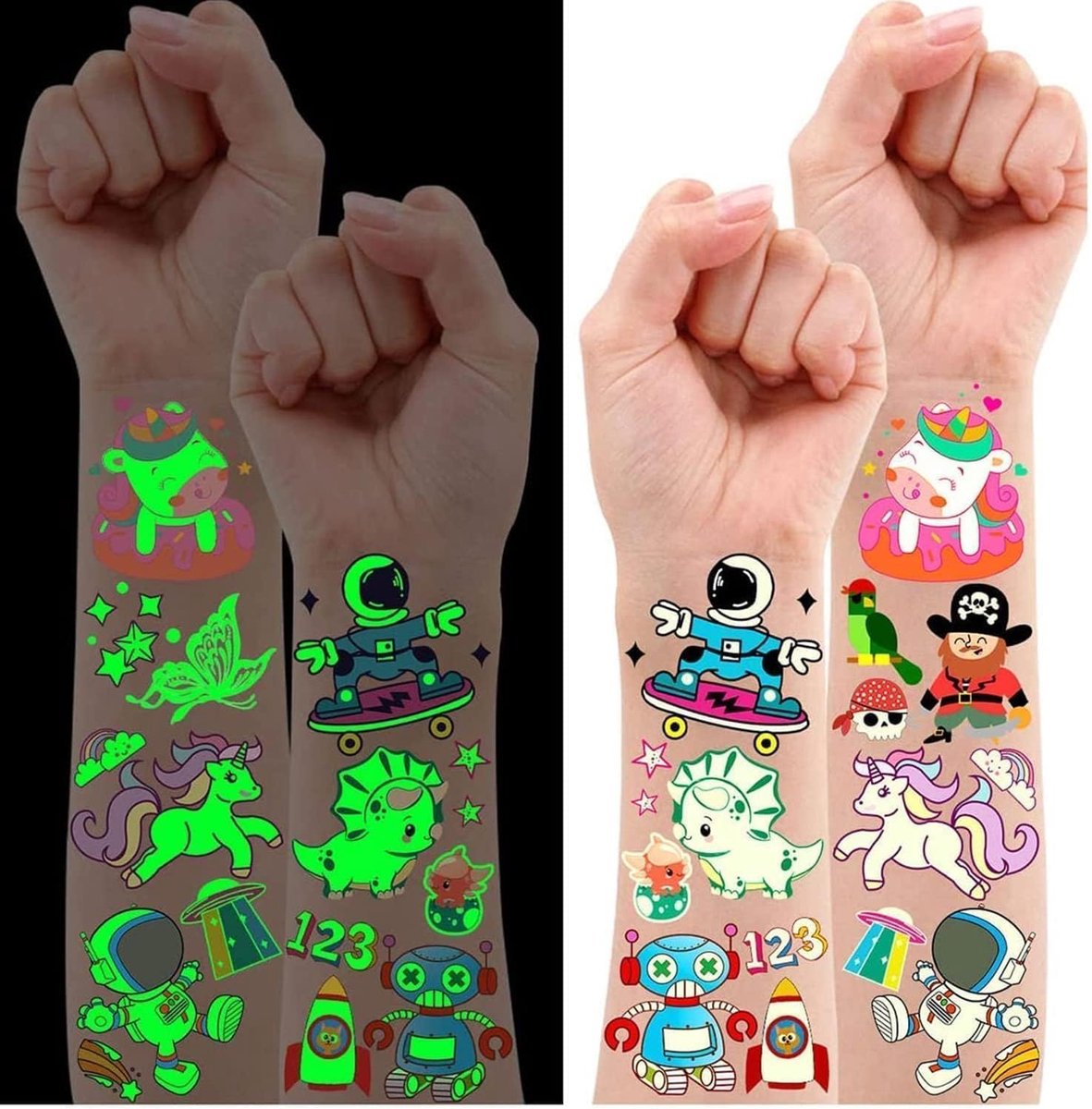380 Kindertatoeage (30 vellen), fluorescente afwasbare tatoeage voor kinderen, eenhoorn, dinosaurus, piraat, klein verjaardagscadeau, uitnodigingen, speelgoed, verjaardagspiñata, jongen,