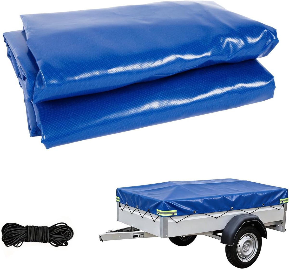 Aanhangerzeil, 258 x 136 x 10 cm, extra sterk 500 g/m², pvc, vrachtwagenzeil, waterdicht en scheurvast, blauw, met 4 reflecterende strepen, aluminium ogen en 6 mm expandertouw, professioneel dekzeil