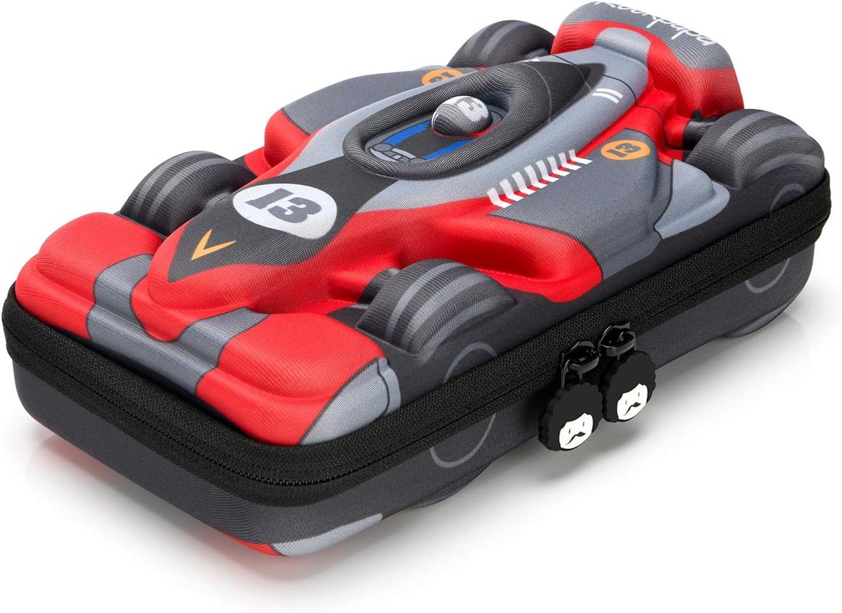SnelShoppen - Grote Pennenbak voor Jongens en Meisjes, Racing Auto Etui met Ruime Opbergruimte, 24x14x7 cm, Grijs-Rood, Duurzaam EVA Materiaal voor Sc