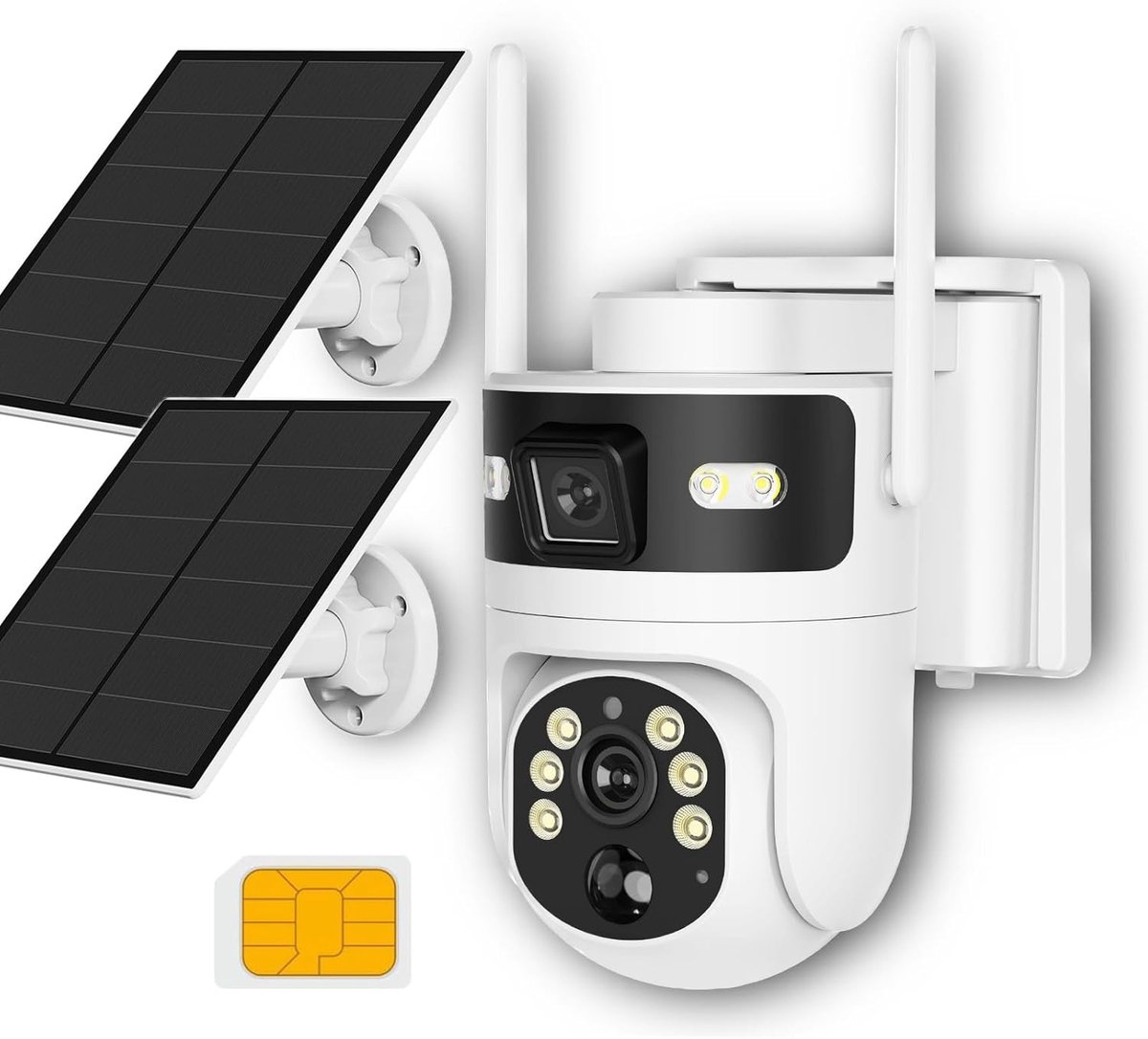 zonne-energie 4G SIM, AOV alleen melding bij personen | 4G LTE zonder WiFi, dubbel zonnepaneel, dubbele camera met menselijke tracking, kleur nachtzicht, tweeweg audio