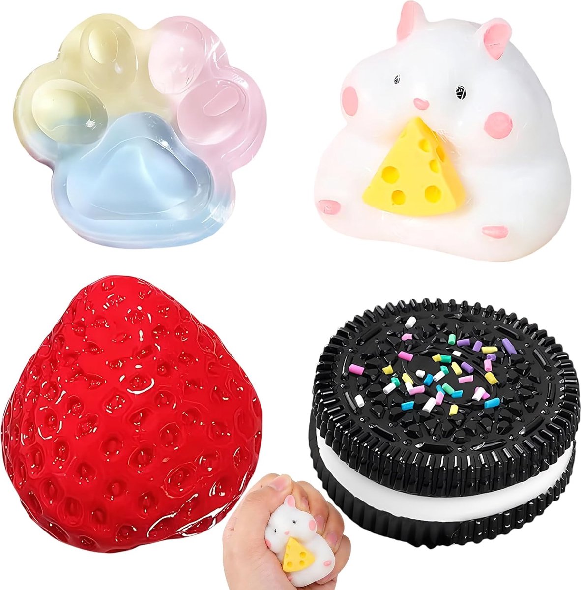Squishy pootset, Fufu Squishy met aardbeien, hamster, kattenpoot, hamster, Oreo, schattig zacht kattenpootspeelgoed, knijpspeelgoed, om te concentreren, angstverlichting