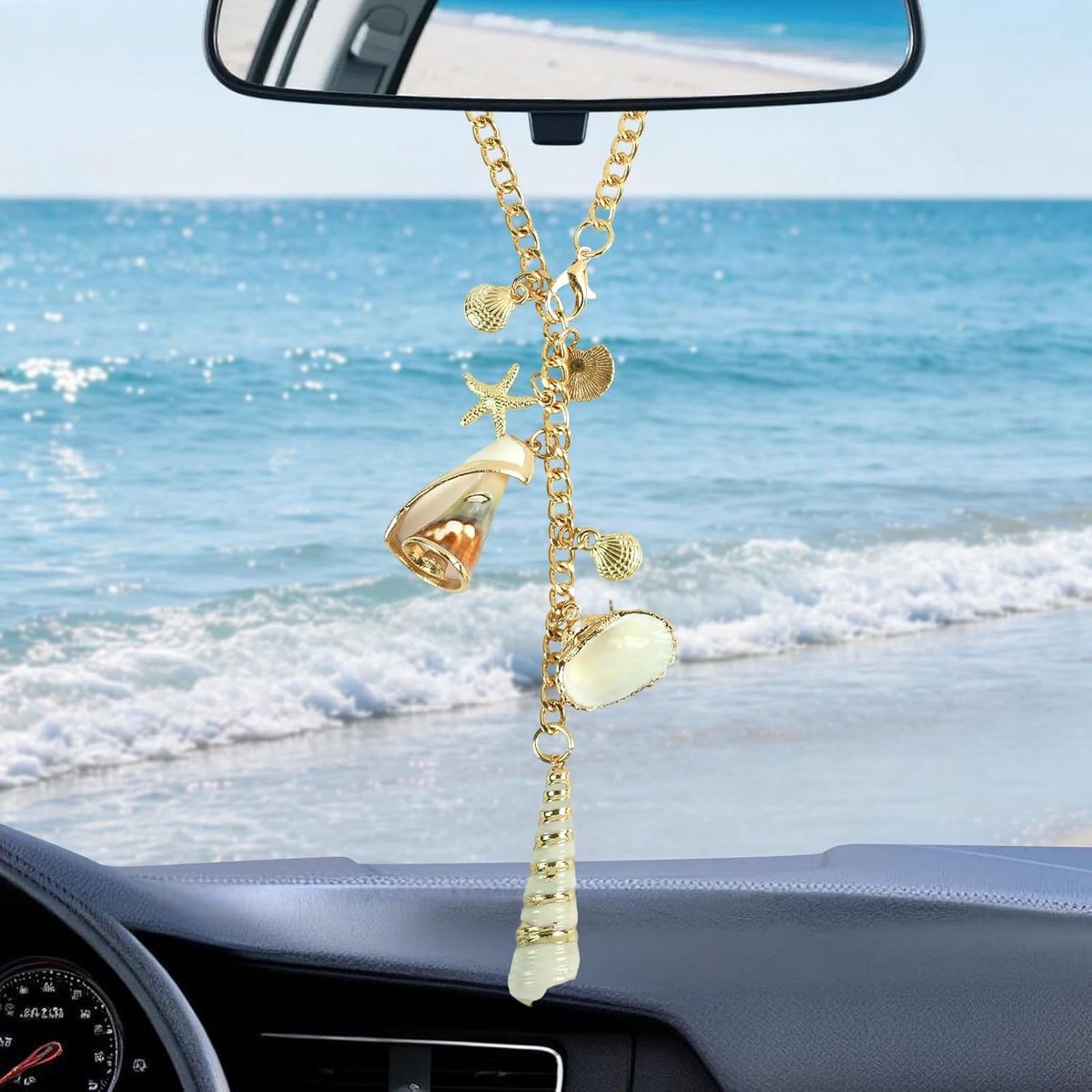 Accessoires om op te hangen, ornamenten voor autoachteruitkijkspiegel met hangers in de vorm van zeester, parels en schelpen, boho zomersieraden (kleurrijk A)