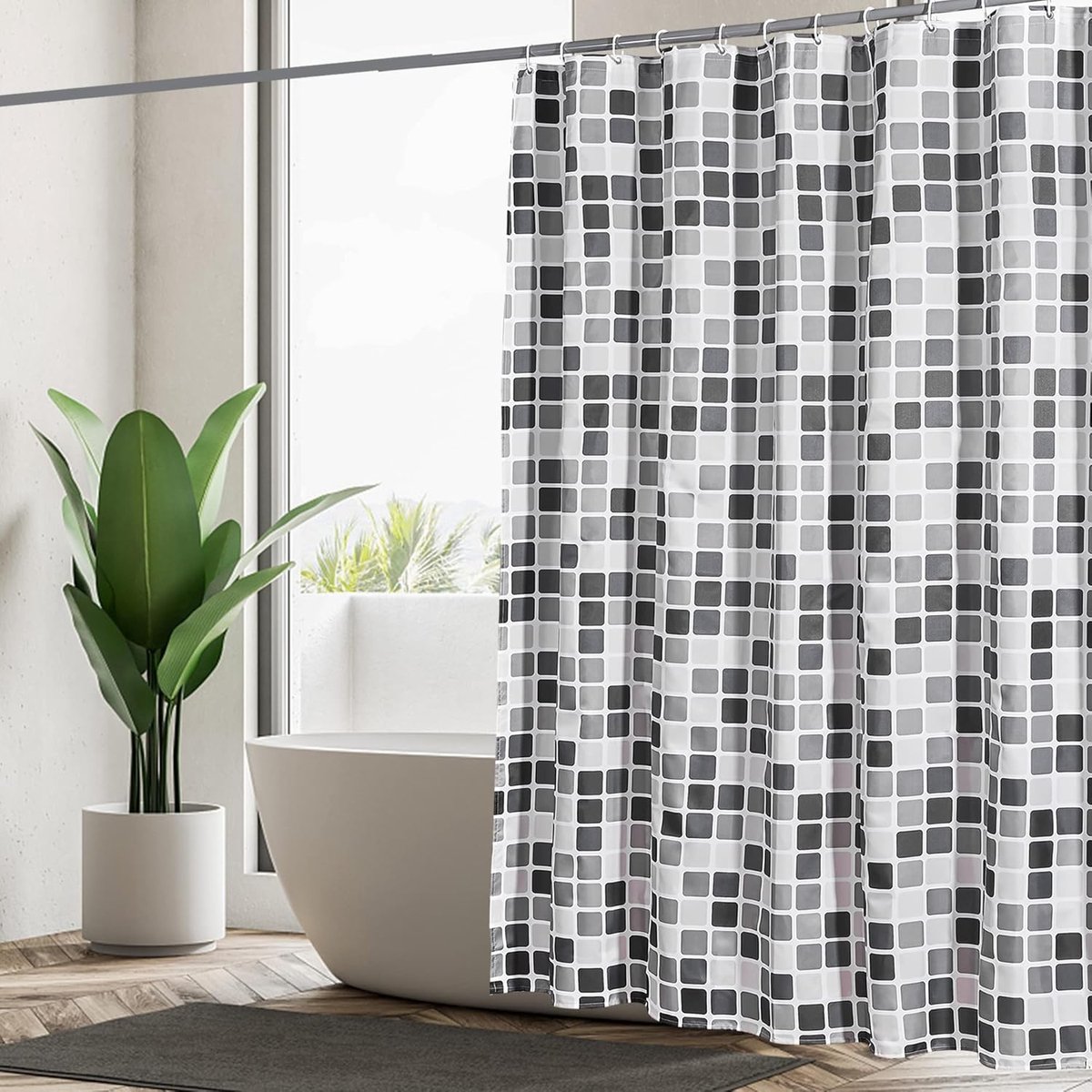 SnelShoppen - Waterdichte Douchegordijn 180 x 200 cm, Met Gewichten Onderin, Anti-Schimmel, Wasbaar, Polyester Stof (130 g/m²), 12 Oogjes, Zwart/Grijs