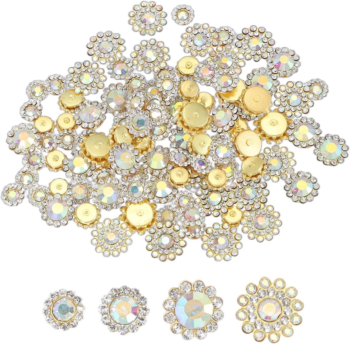 100 Stks Naai-op Strass-stenen Kristallen 8mm 10mm 12mm 14mm, 3 Lagen Naaien Bloem Klauw Strass-stenen Glazen Edelstenen Metalen Basis voor DIY Knipsel Jurk Kleding Riem Decoratie, Goud