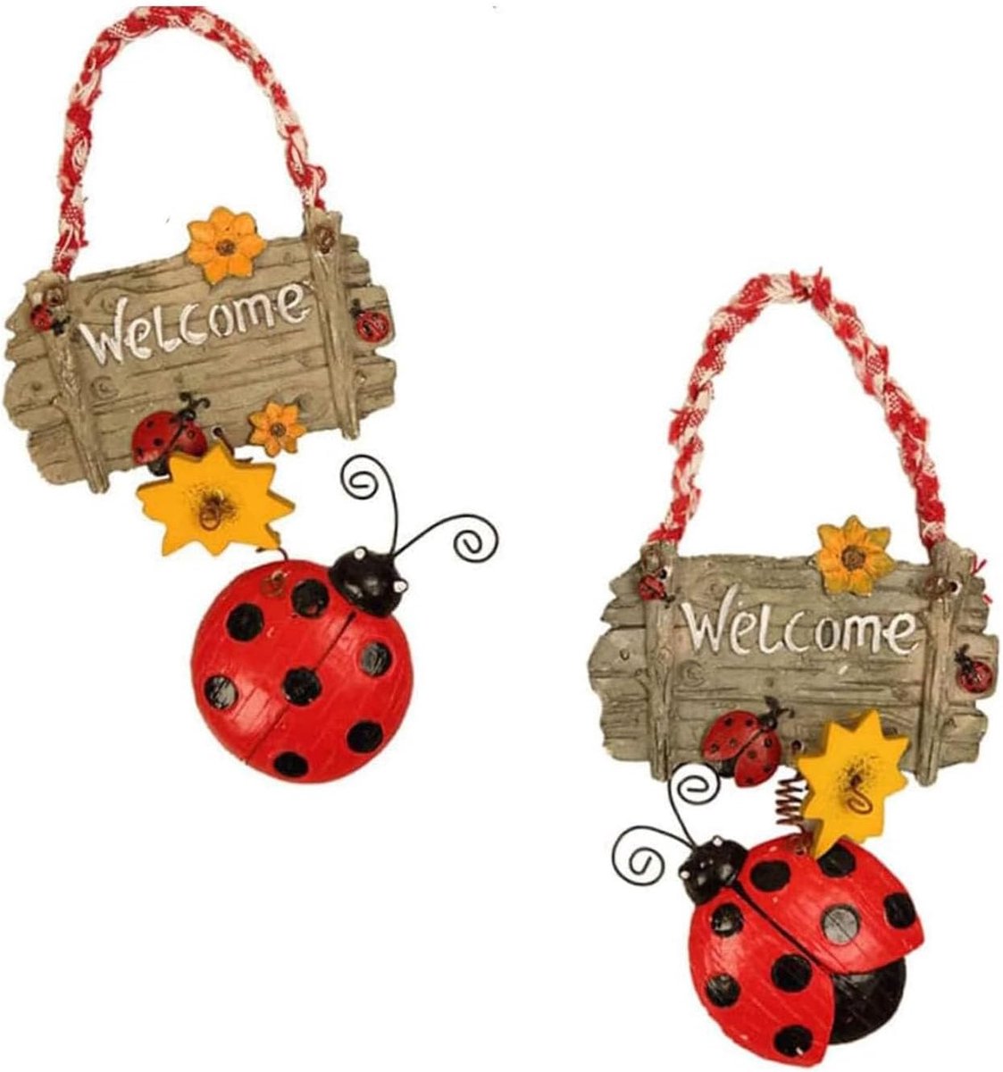 2 stuks lieveheersbeestje welkomstborden - metaal en hars hangende muurdecoratie voor thuis/tuin - buiten/binnen deurplaten met zonnebloemontwerp - weerbestendig entree decor
