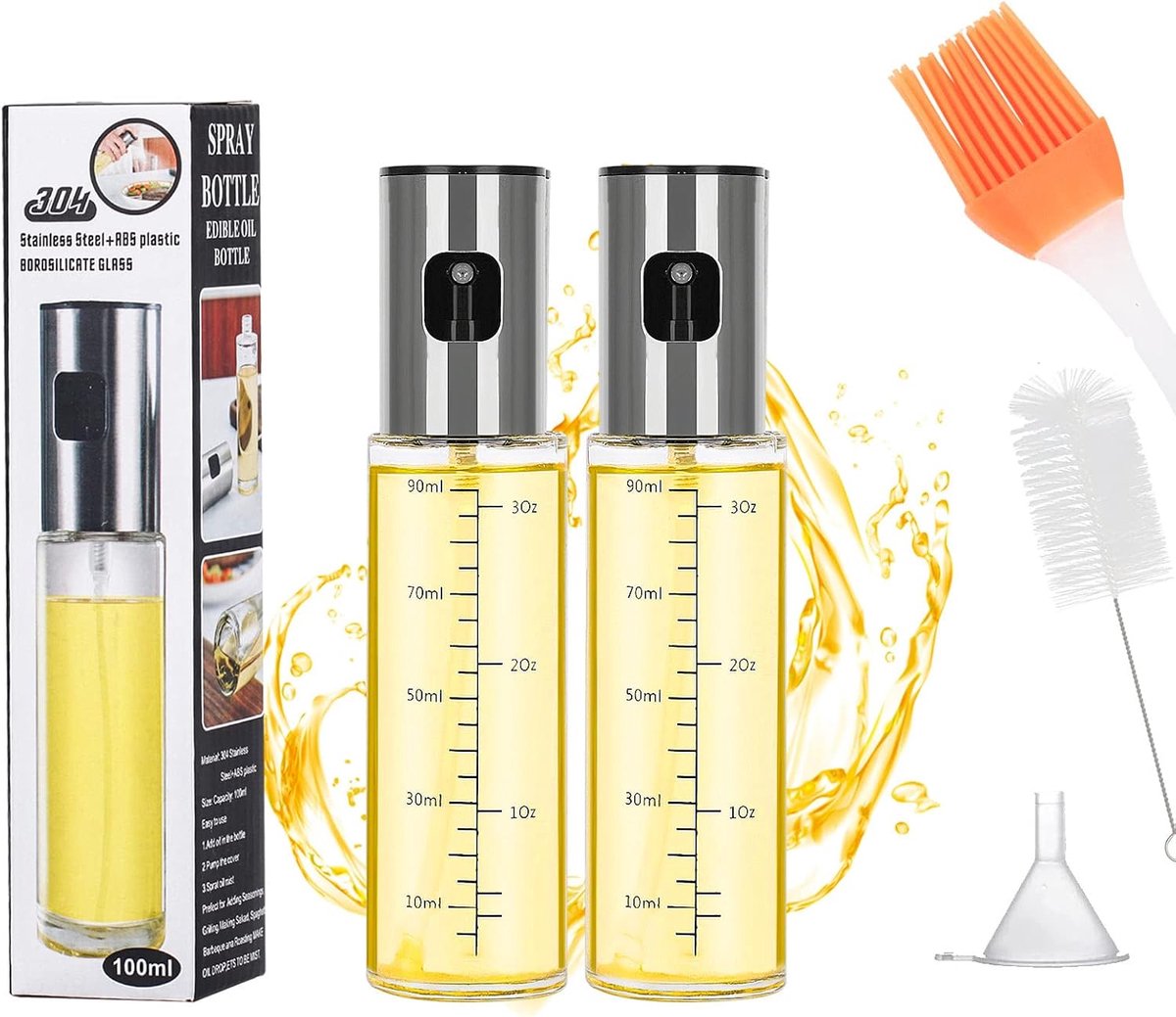 Oliesproeier voor friteuse, 2 stuks, 100 ml, spuitfles met borstels en trechter, azijnspuitfles voor koken, grillen, salade, keukenaccessoires, van glas