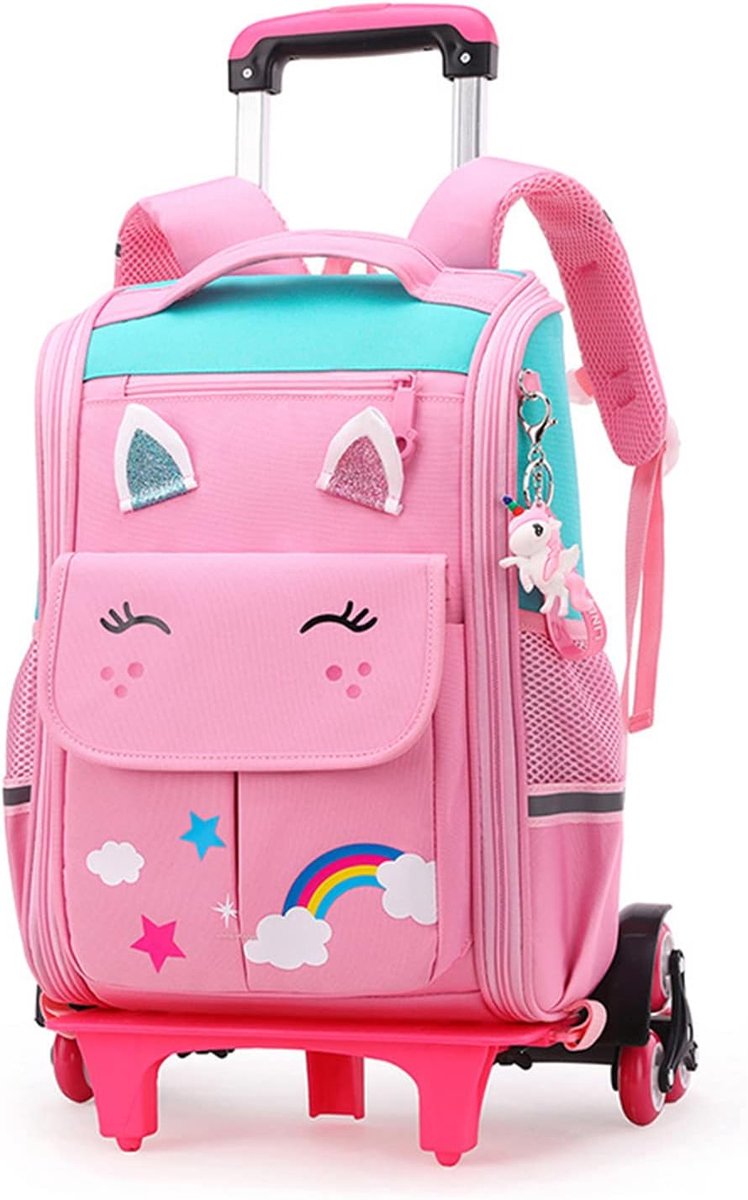Schooltas met wieltjes voor meisjes, 40,6 cm, licht, roltas, basisschool, afneembaar, schoolreizen, 4-9 jaar, Roze