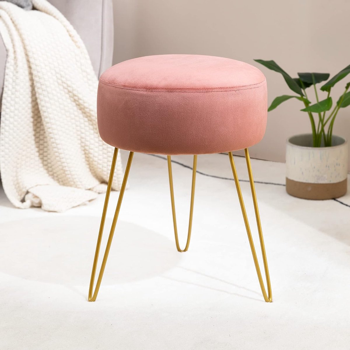 Hocker voor schminktafel - ronde poef - roze stof - comfortabele zitplek - ShopVlot