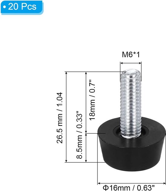 Poten, 20 stuks M6 x 1 Verstelbare Been Levelers Schroef in Tafelbeen Levelers Voeten voor Bureaustoelen Kast Kruk Benen — afbeelding 5