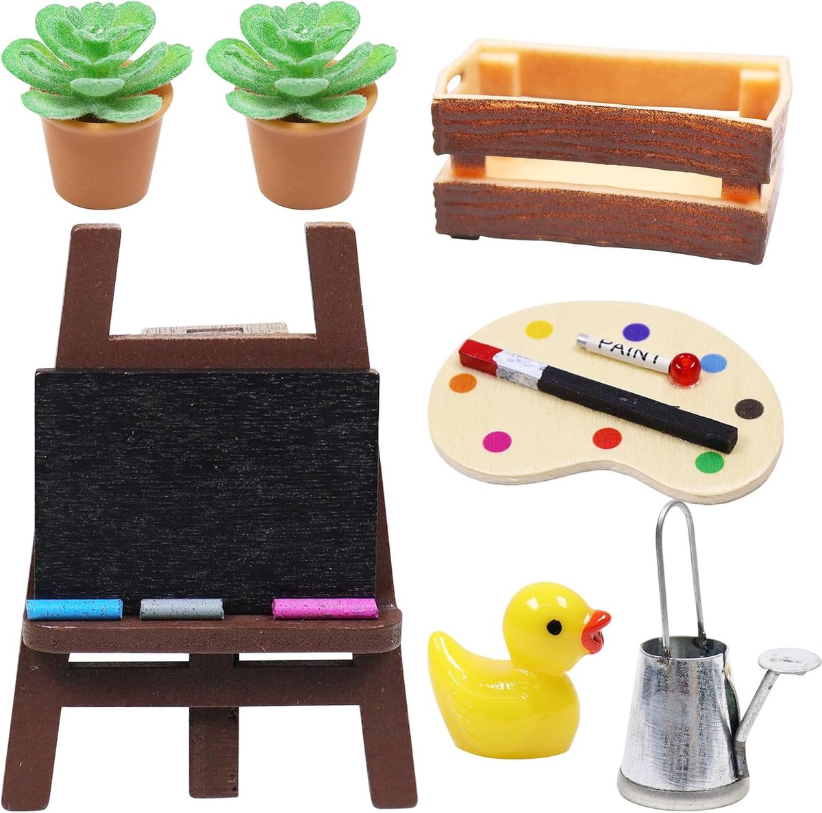 Wichtel accessoires, 7 stuks miniatuur kabouteraccessoires, schilderkunstset voor Kerstmis, kabouterdeur decoratie en 1/12 poppenhuis, miniatuur tuingereedschap, doe-het-zelf