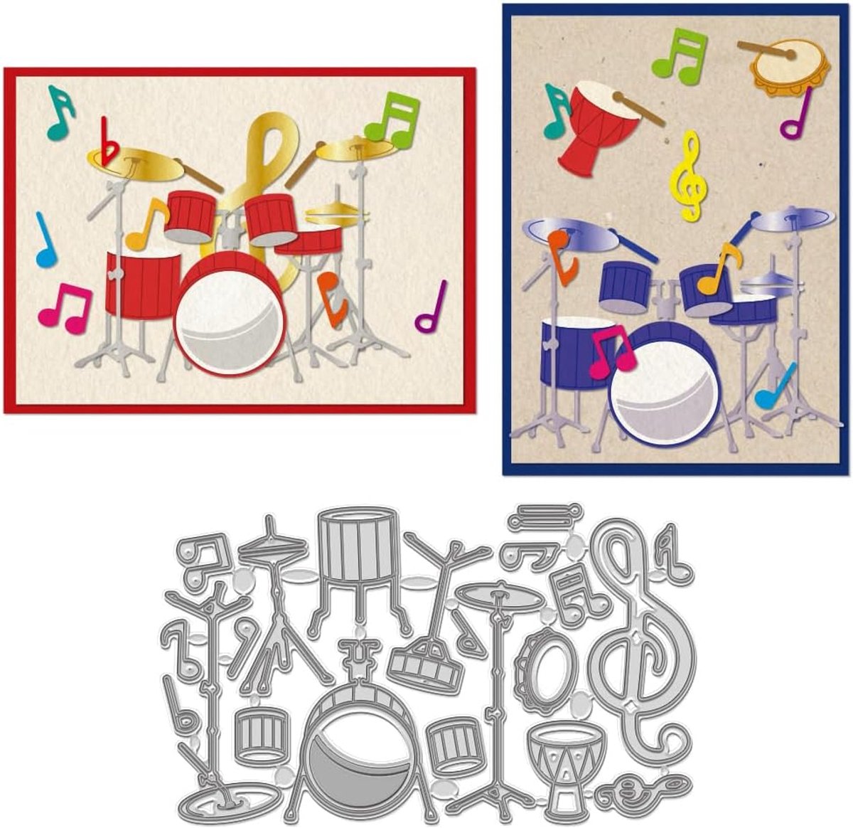 Muziek Drum Snijmatrijzen Snijmatrijzen, Muzikaal Instrument Thema Metalen Snijmatrijzen Stencils Muzieknotatie Metalen Embossing Stencil Snijsjabloon voor DIY Scrapbooking Album Craft