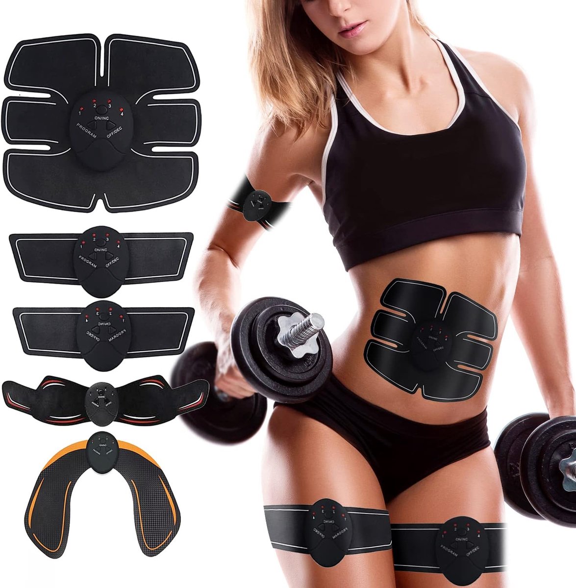 5 stuks elektrostimulator spierstimulator EMS buik elektrostimulatie, billen stimulator, 6 modi en 10 niveaus voor buik, arm/benen/taille/glutees, mannen en vrouwen