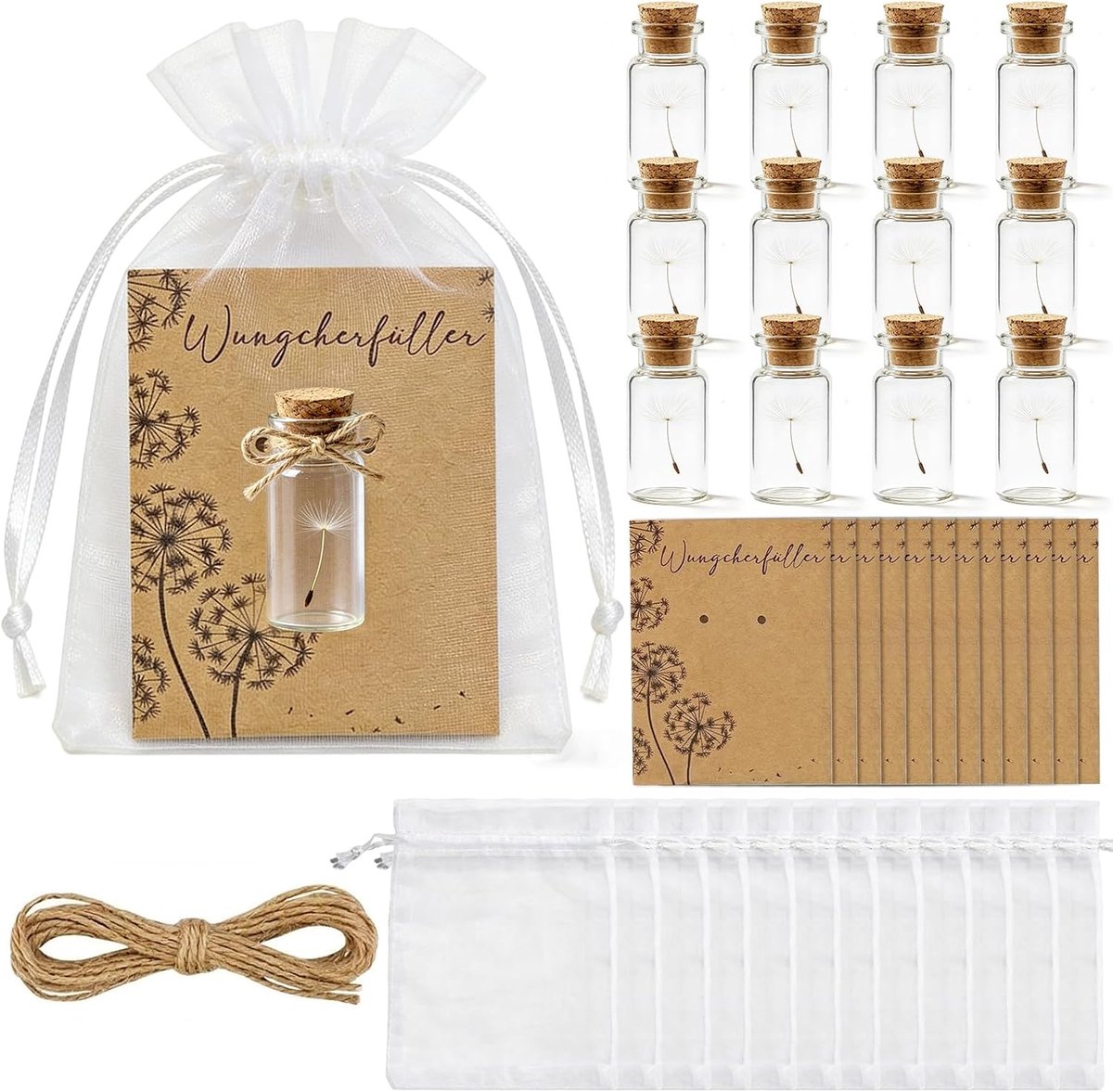 paardenbloemen in glas, wenskaart, gaaszak, henneptouw, bedankje, cadeau, geluksbrenger, kleine attentie