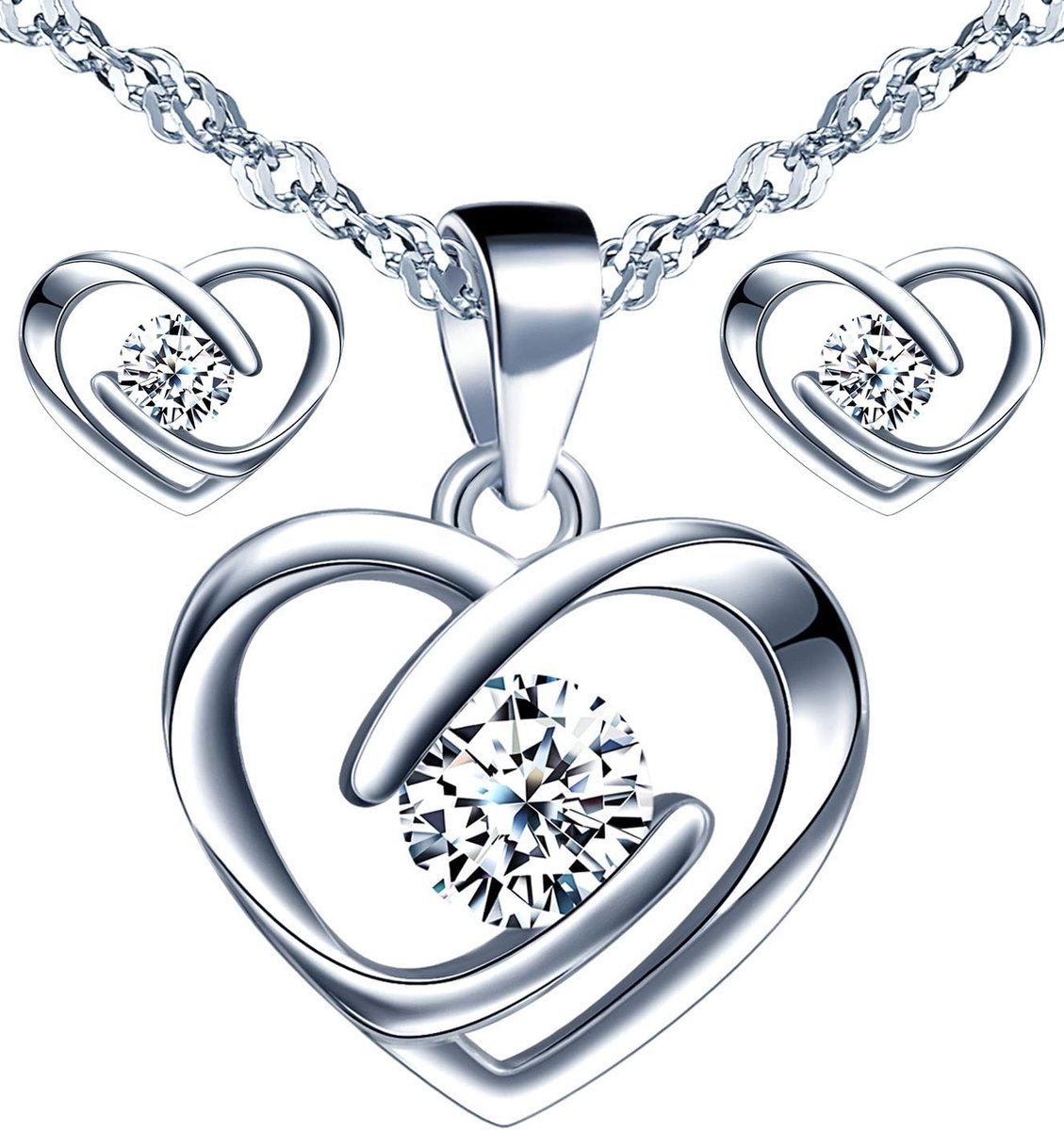 Hartvormige halsketting van 925 sterling zilver met hartvormige oorbellen, sieraden voor dames en meisjes, versierd met zirkonia, sieradensets, Kerstmis, verjaardag, cadeau, 1.6 x 1.3 cm