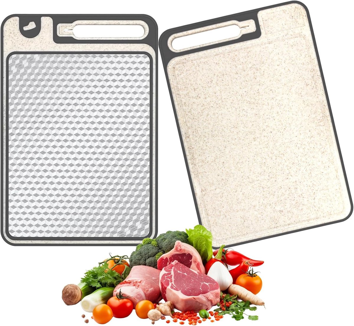 2-in-1 dubbelzijdige keukensnijplank roestvrij staal 304 en natuurlijke vezels 37 × 25 cm, multifunctionele snijplank, antislip met sapgoot en maalbereik, voor vlees, groenten en fruit
