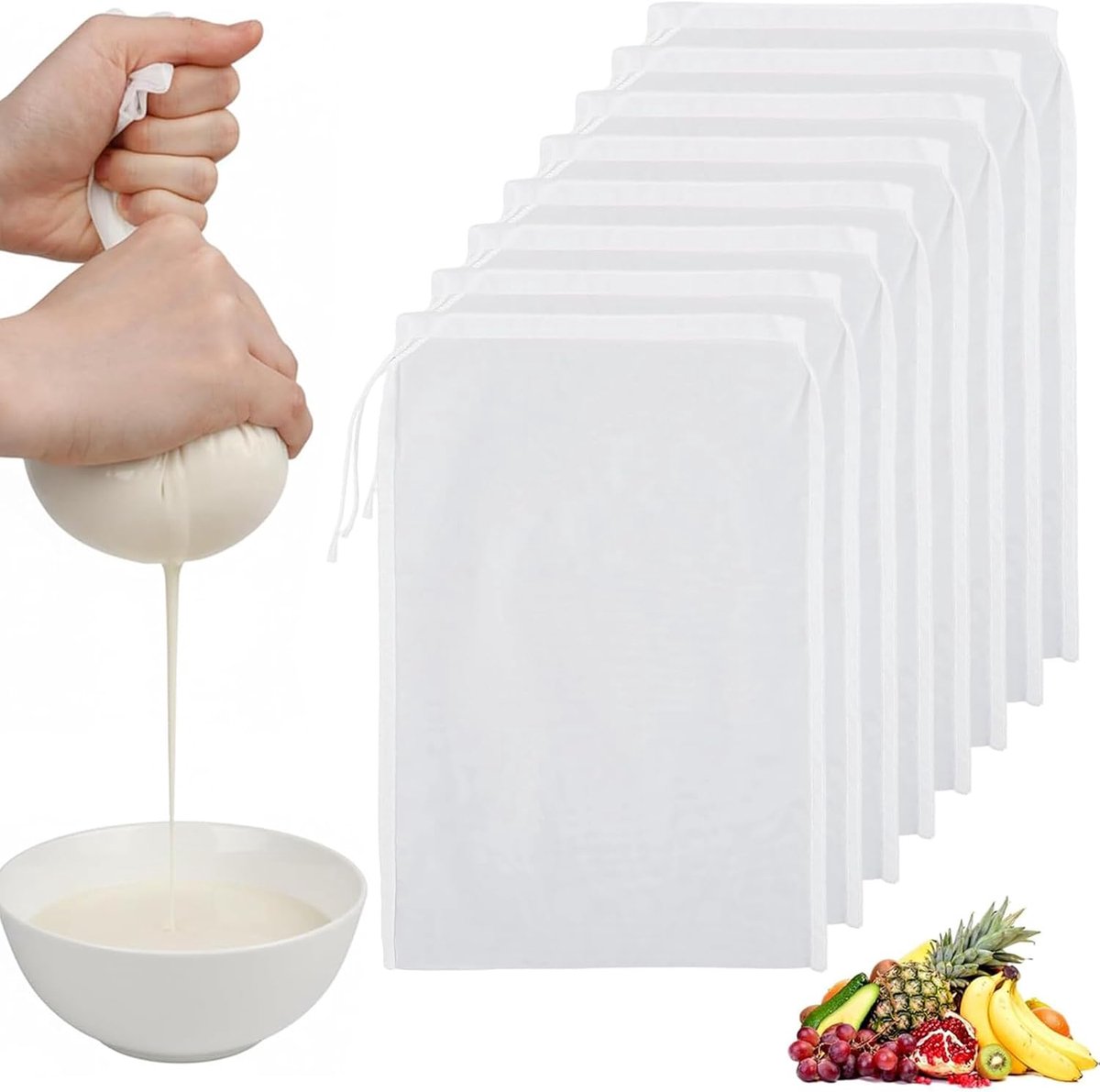 8 stuks notenmelkzakken, 20 x 30 cm, herbruikbare zeef van fijnmazig nylon met trekkoord, filter voor groentemelk, kaas, sap, koffie, thee en gaas, voor de keuken