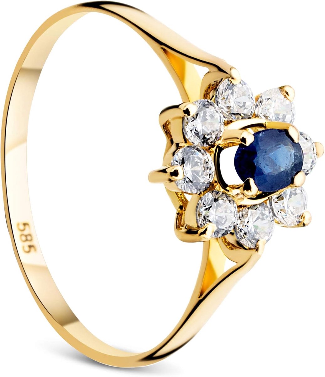 verlovingsring voor dames, gouden solitaire ring, 14 kt (585) geelgoud, zirkonia en saffierring.