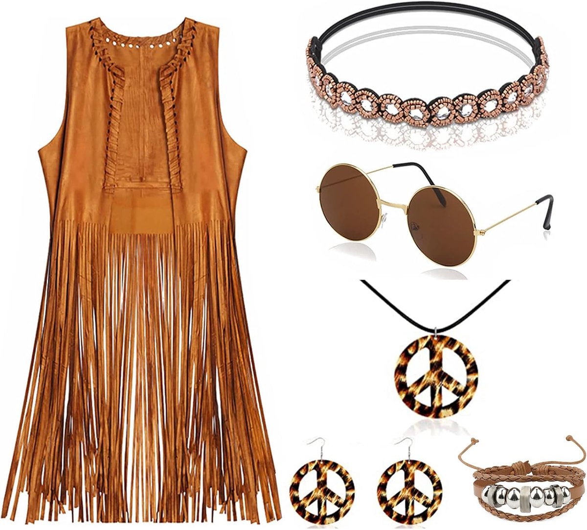 Hippie-kostuumaccessoires voor dames, hippieset, jaren 70 kostuum, vest met kwastjes, hoofdband, armband, oorbellen, halsketting, zonnebril, discokostuum voor carnaval