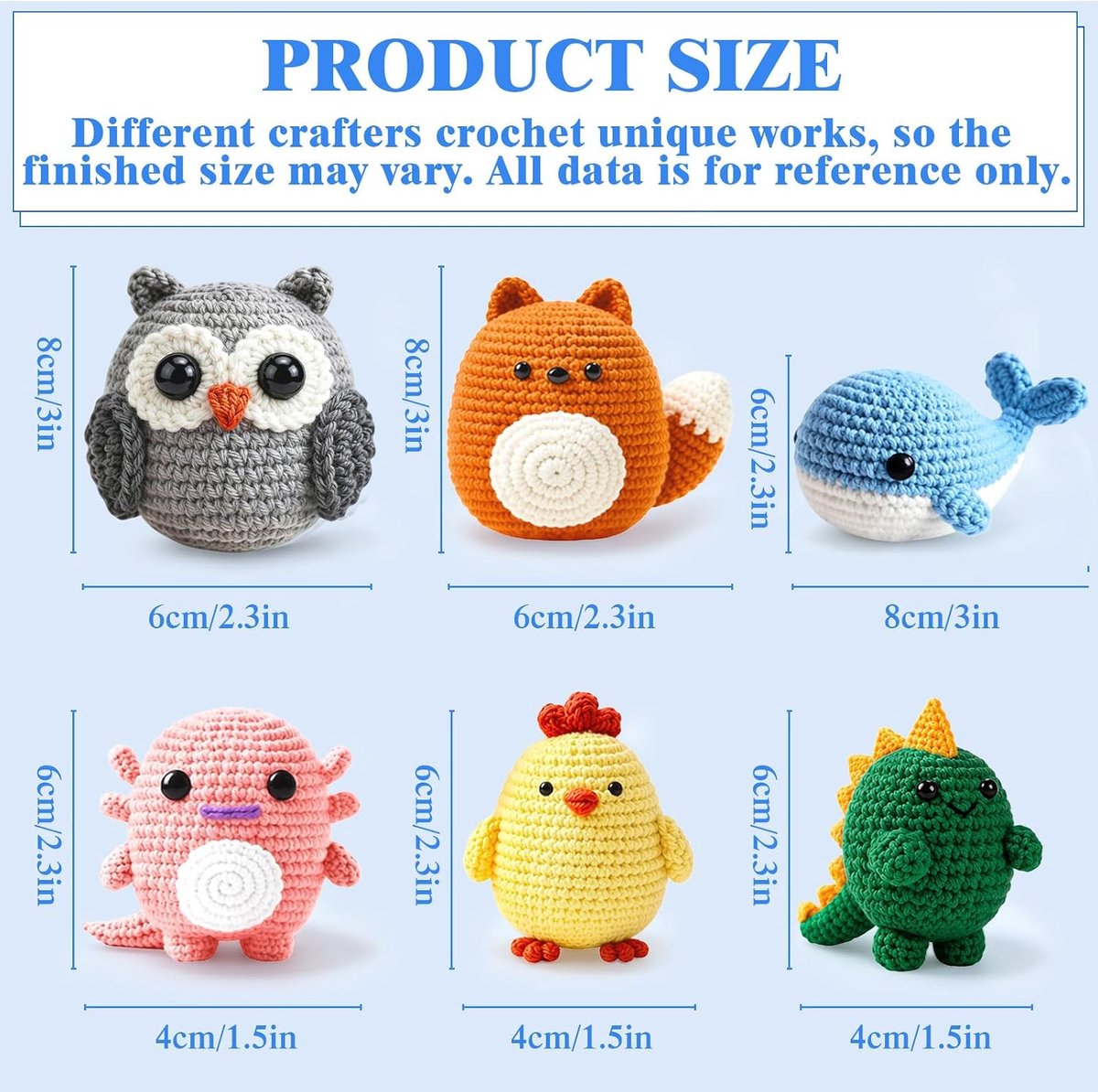 Haakset voor beginners, dieren, haakset, 6 stuks, dierenbreiset voor volwassenen, kinderen, beginners, breiset, haakstarterset met video-instructies, naald, garen, doe-het-zelf