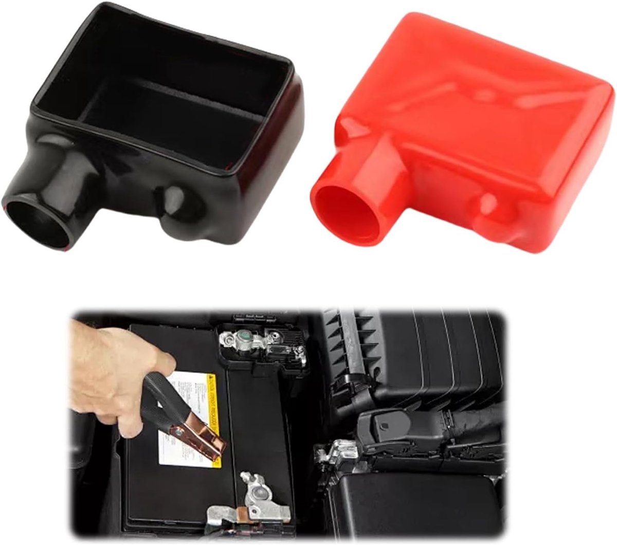 autobatterijafdekking, pvc-accuklemmen, positieve en negatieve terminalafdekking, geïsoleerde aansluitafdekking, zwart + rood