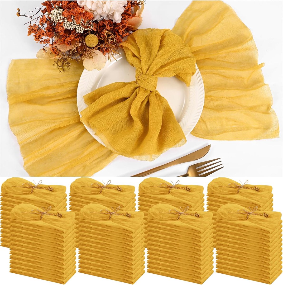 100 Stuks Gouden Kaasdoek Servetten voor Diner – Gekreukte Stoffen Servetten in Bulk voor Bruiloft, Thuisfeest en Rustieke Tafeldecoratie, 17 x 17 Inch