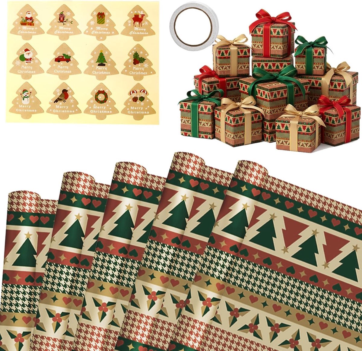 Cadeaupapier kerstset 70x50cm grote kerstcadeaupapierrol met kerststickers en dubbelzijdig plakband feestelijke cadeauverpakking voor kerstcadeaus