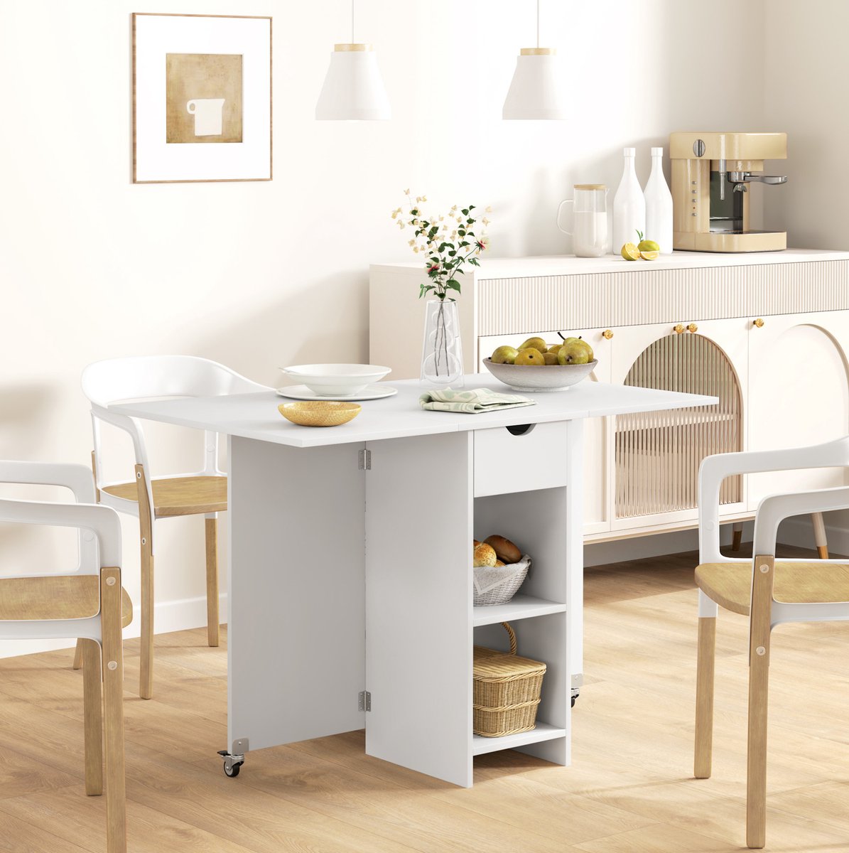 COVREO Eettafel 114,5x70x75 cm wit, spaanplaat met lade en open vakken