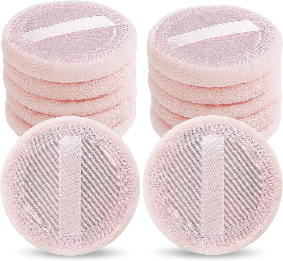 SnelShoppen - 12 Stuks Poeder Puff Roze Makeup Sponsjes voor Gezicht en Lichaam met Strik Applicators, Rond 60mm voor Oogschaduw en Concealer