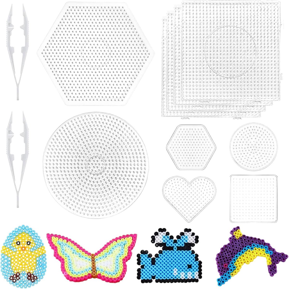 SnelShoppen - Set van 10 Strijkkralen Platen met 2 Witte Pincetten - Grote Strijkkralen Sjablonen Transparante Invoegkralen DIY Vormpuzzels voor 5 mm