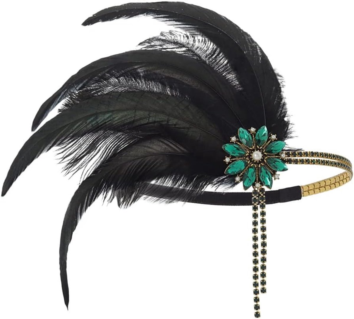 SnelShoppen - 1920s Vintage Feathers Hoofdband Groen Kristal Gatsby Haaraccessoires voor Dames - Perfect voor Bruiloften, Feesten en Themadansen
