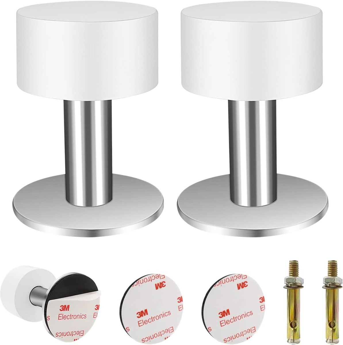 SnelShoppen - Deurstopper Wand Zelfklevend 304 RVS, 2 Stuks (Wit/Zilver) | Te boren, met 2 expansieschroeven en 2 lijm, 40mm diameter, voor wand- en v