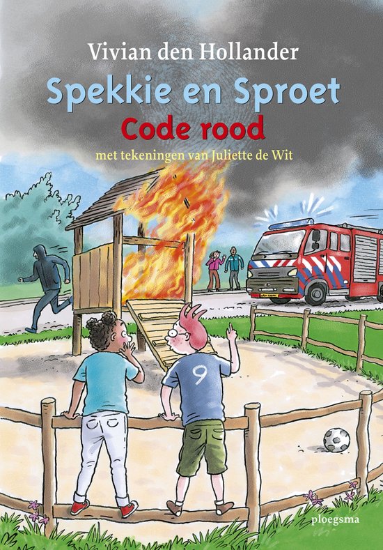Boekomslag met tekening van een brandende houten hut, een brandweerauto en kinderen. Titel: Spekkie en Sproet - Code rood.
